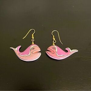 Handmade handpainted wood Whales dangly earrings, lightweight, pink
